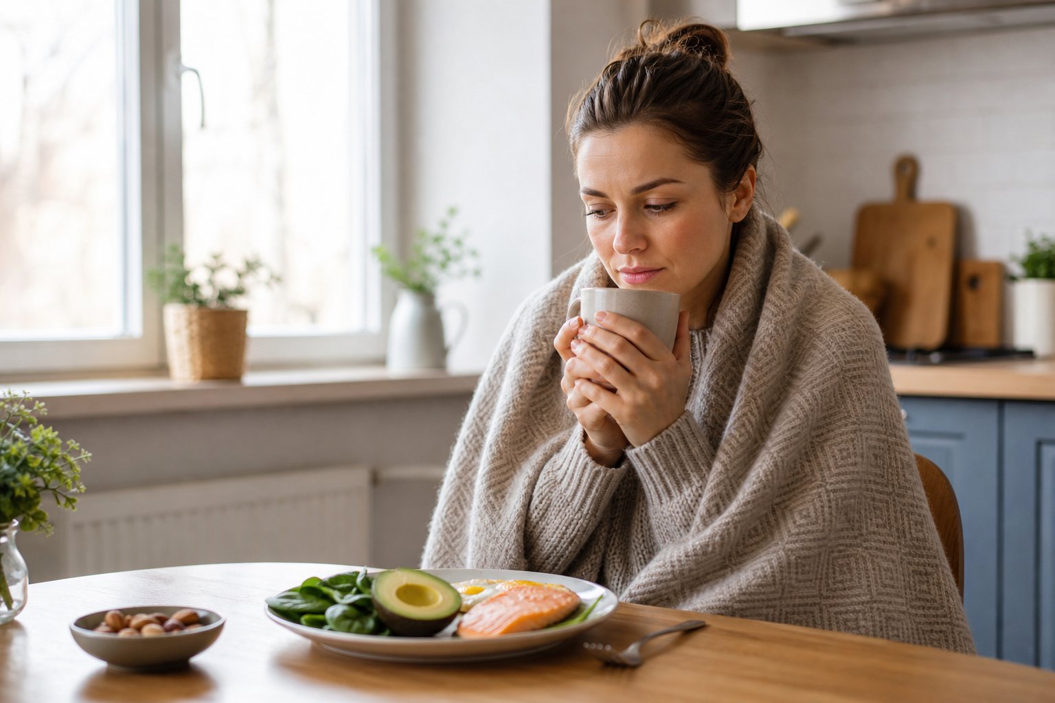 A person wrapped in a blanket holds a warm mug beside a plate of low-carbohydrate foods.
