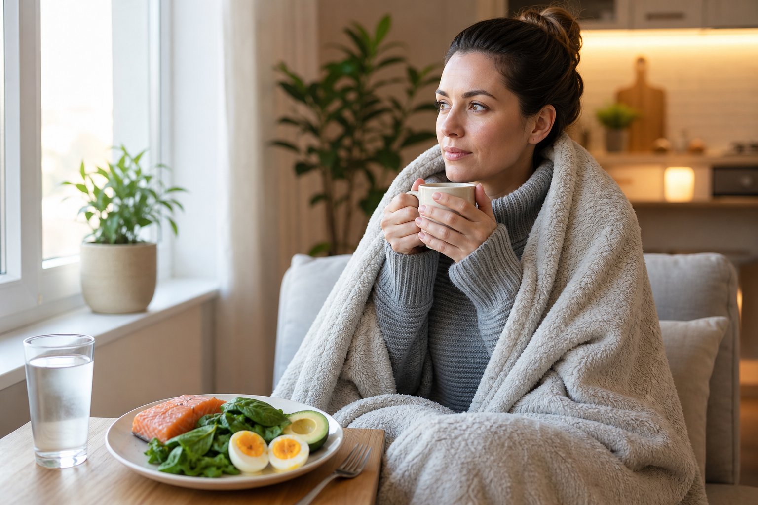 A person wrapped in a blanket holds a warm mug beside a table with a low-carbohydrate meal.