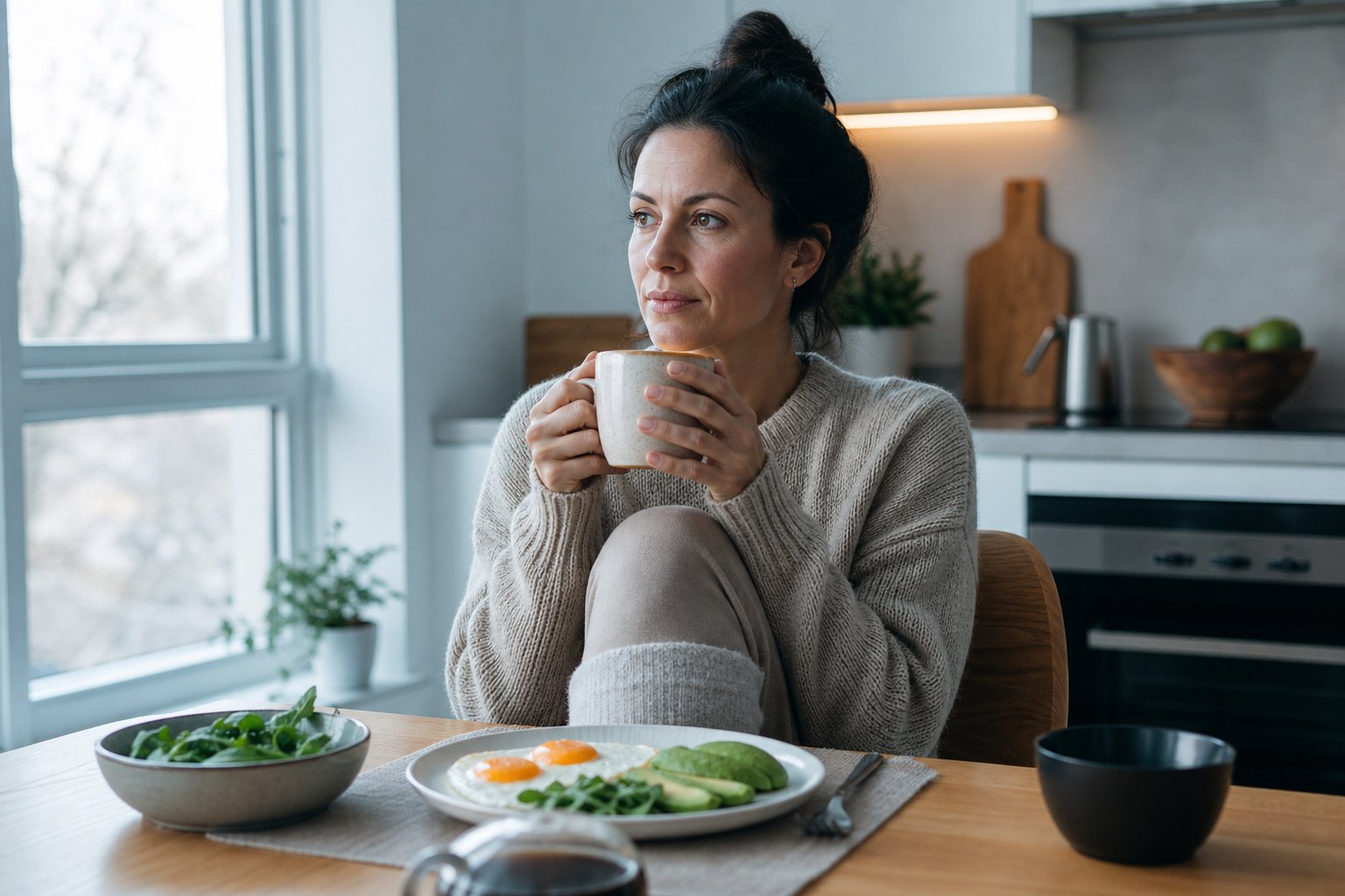 A person in a cozy sweater warms their hands around a mug while sitting at a kitchen table with a low-carbohydrate breakfast.