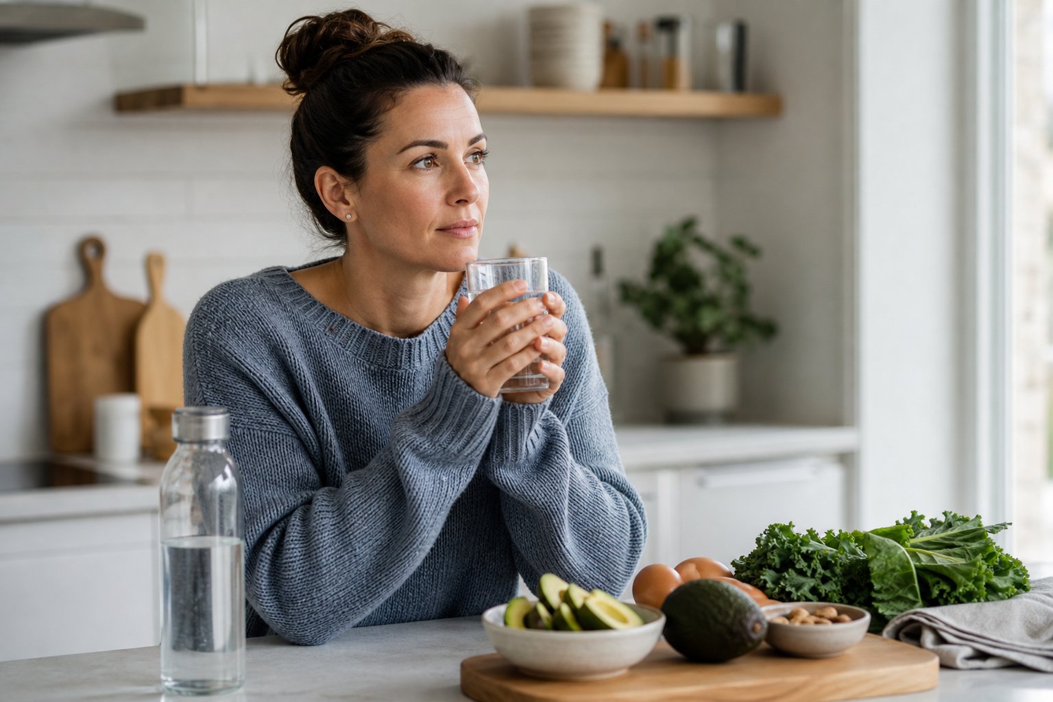 A person in a modern kitchen warms their hands around a glass of water while appearing slightly cold.