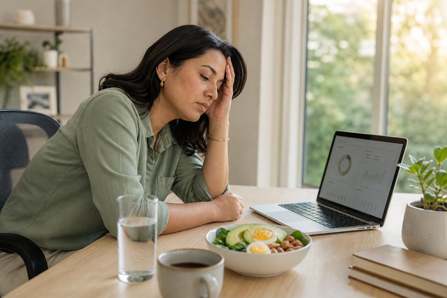 A tired adult sits at a desk in the afternoon beside water, coffee, and keto-friendly foods.