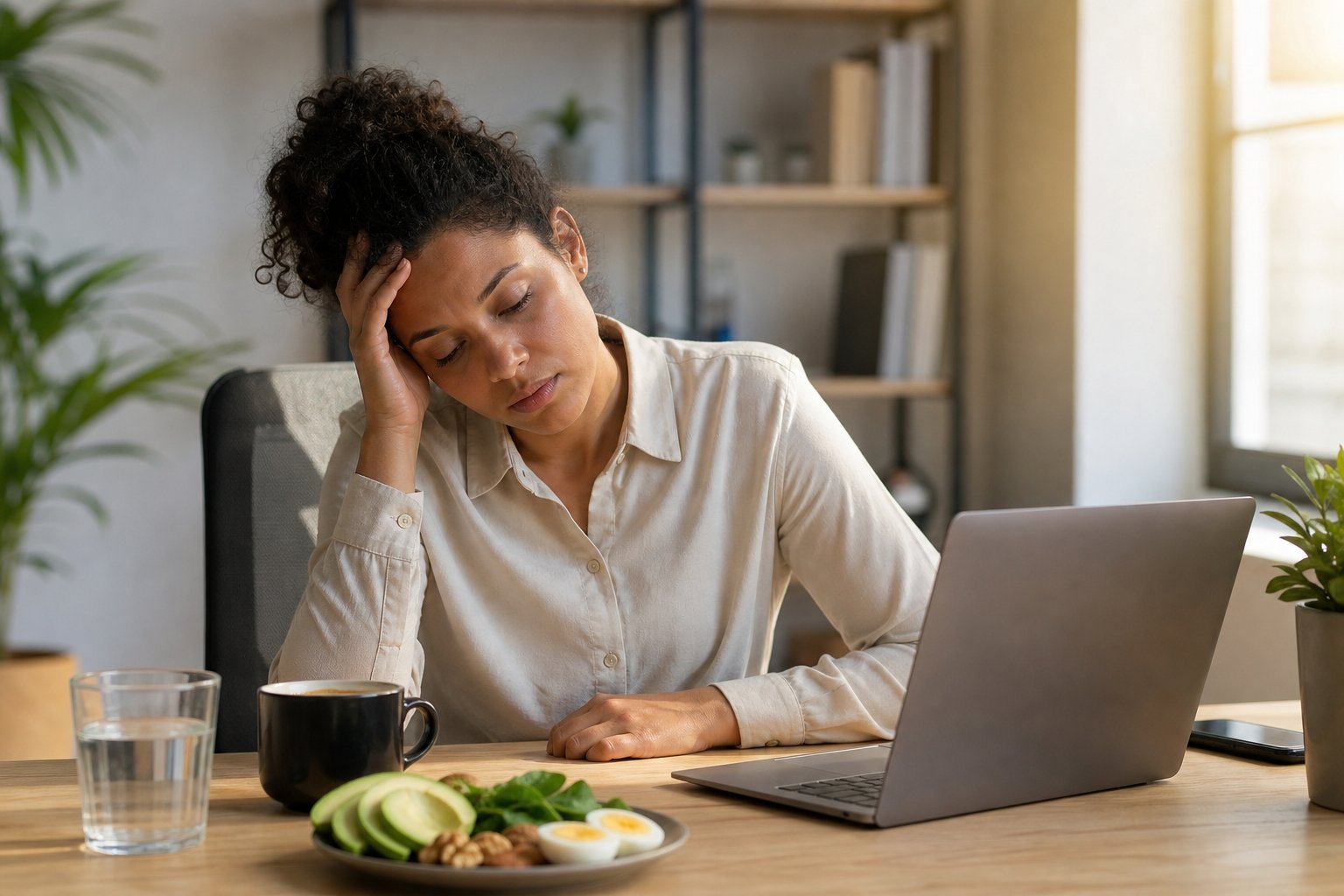 Tired office worker resting at a desk beside keto-friendly foods and a glass of water in the afternoon.