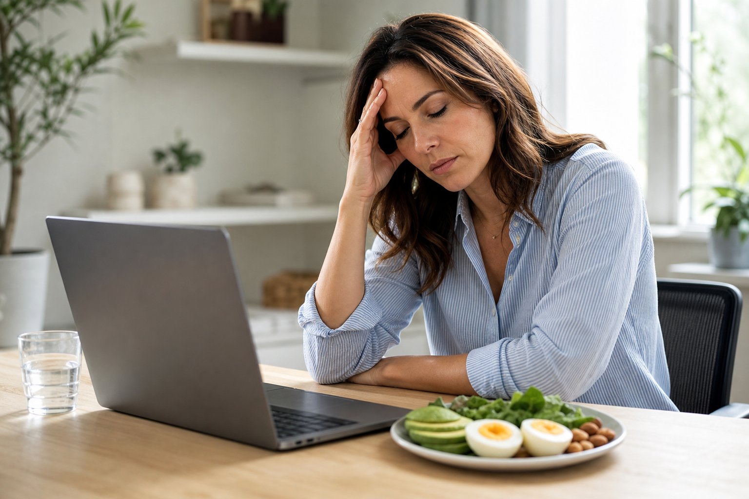 A tired professional rests their head on one hand at a desk beside a laptop, water, and a plate of keto-friendly foods.