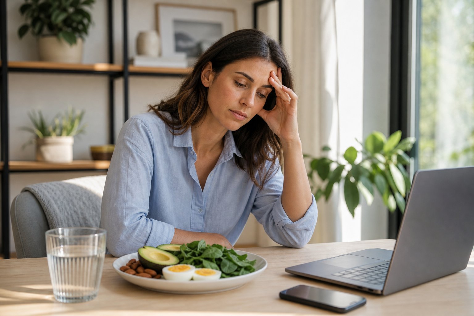 A tired adult sits at a desk beside a keto-friendly meal and a glass of water.