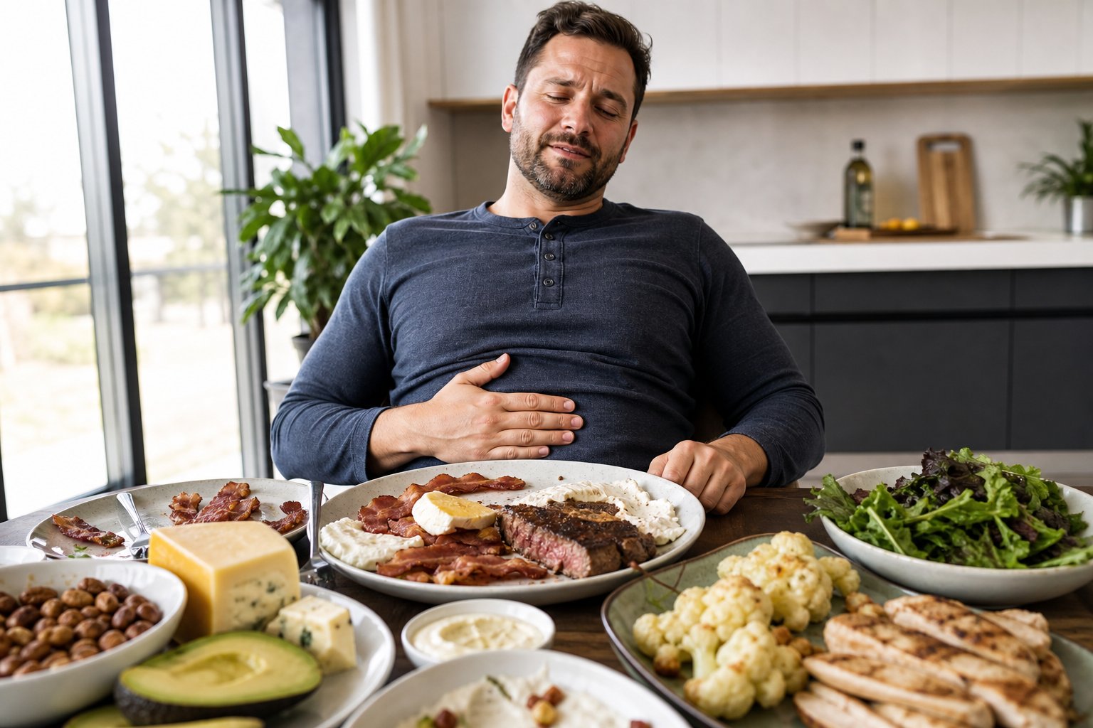 An uncomfortable person sits at a table surrounded by oversized portions of ketogenic foods.