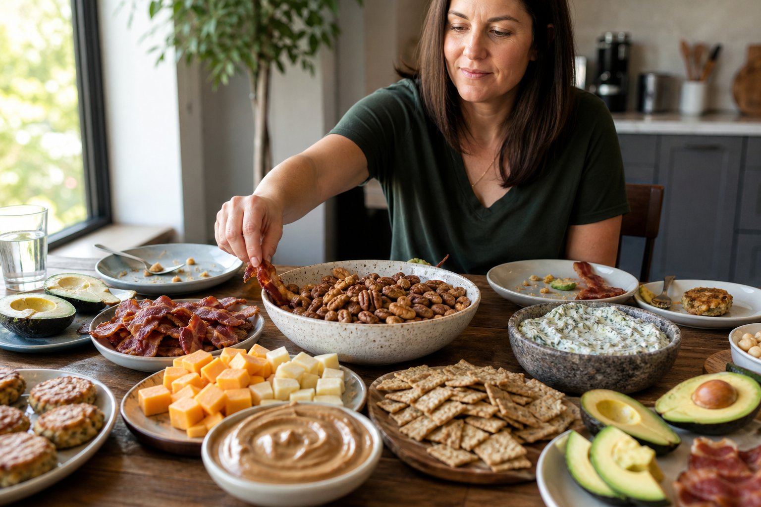A person reaches for another serving from a table filled with large portions of keto-friendly foods.
