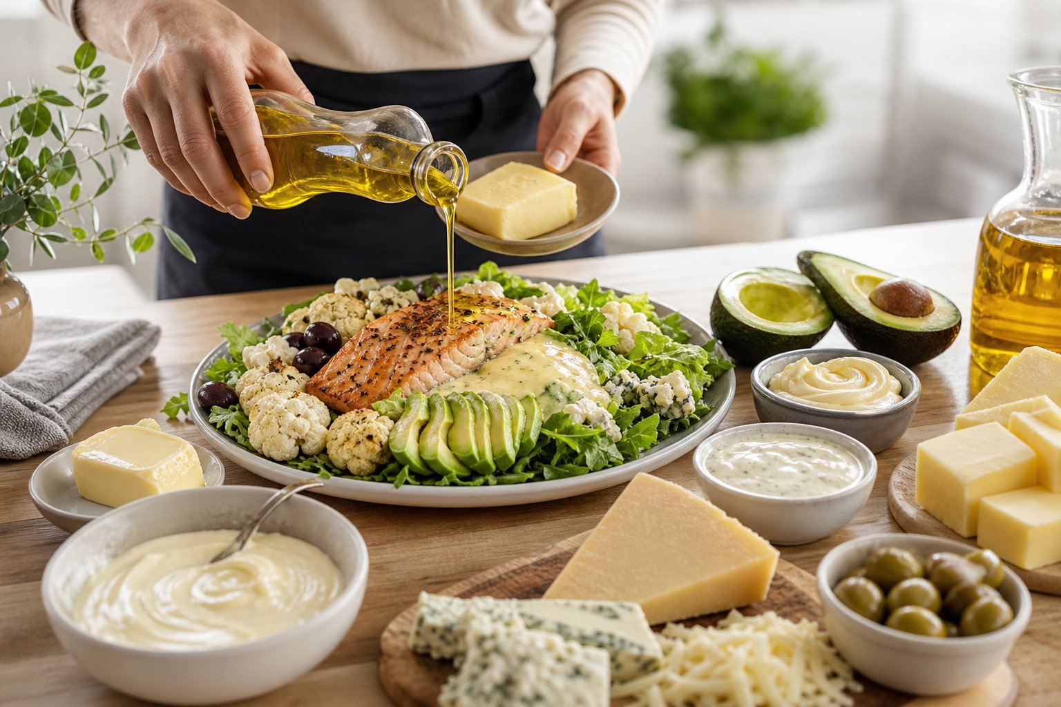 A keto-style meal surrounded by generous portions of butter, oil, cheese, avocado, and creamy sauce as someone adds more fat to the plate.