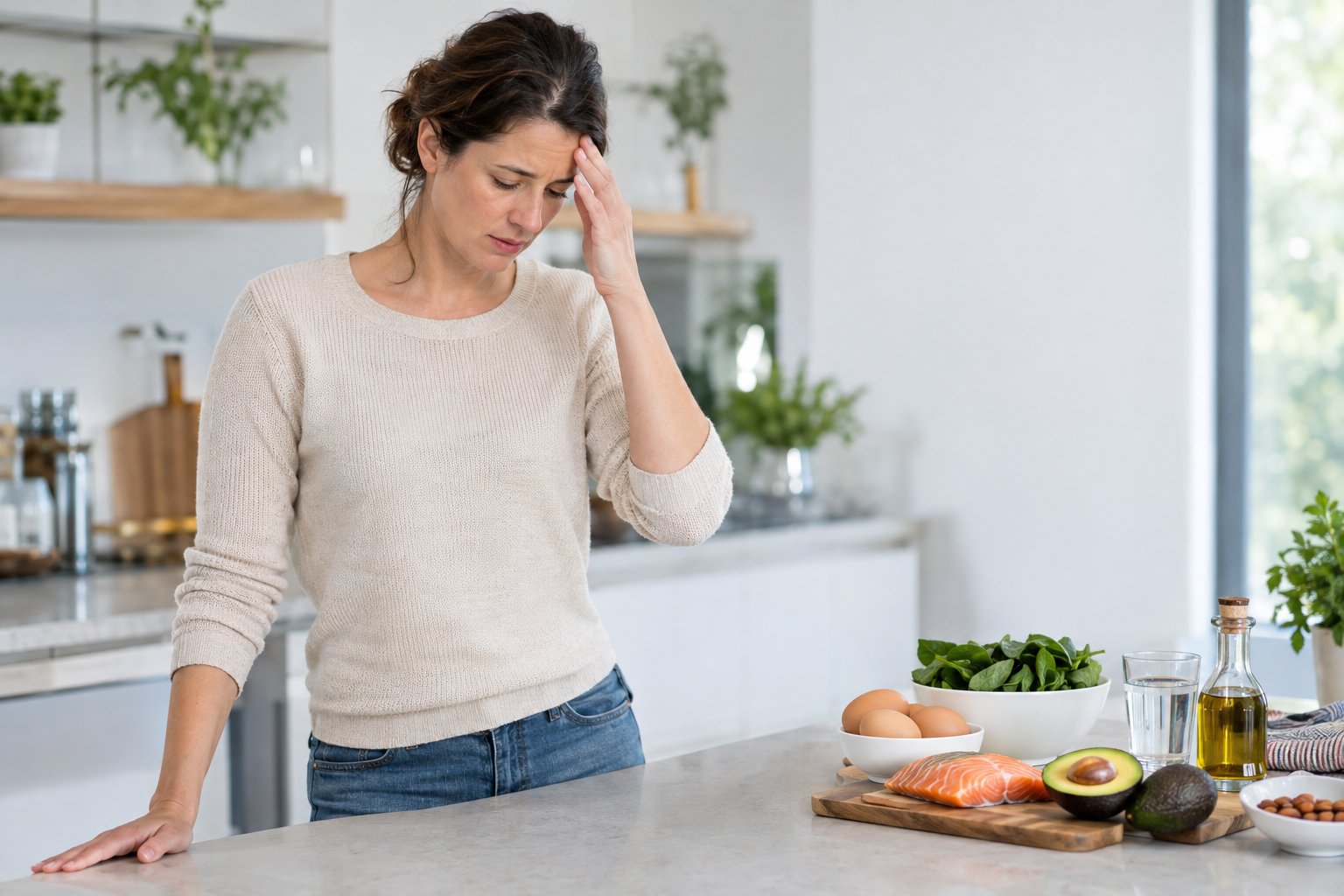 An adult steadies themselves on a kitchen counter while feeling dizzy near keto-friendly foods.