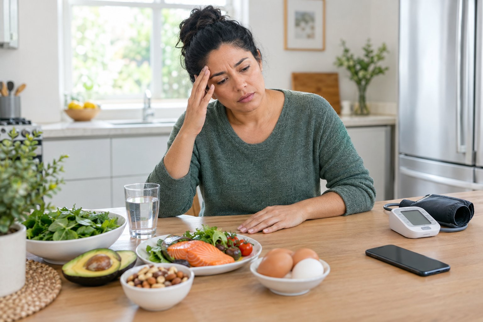 An adult experiencing mild dizziness sits at a kitchen table beside keto-friendly foods, water, and a blood-pressure monitor.