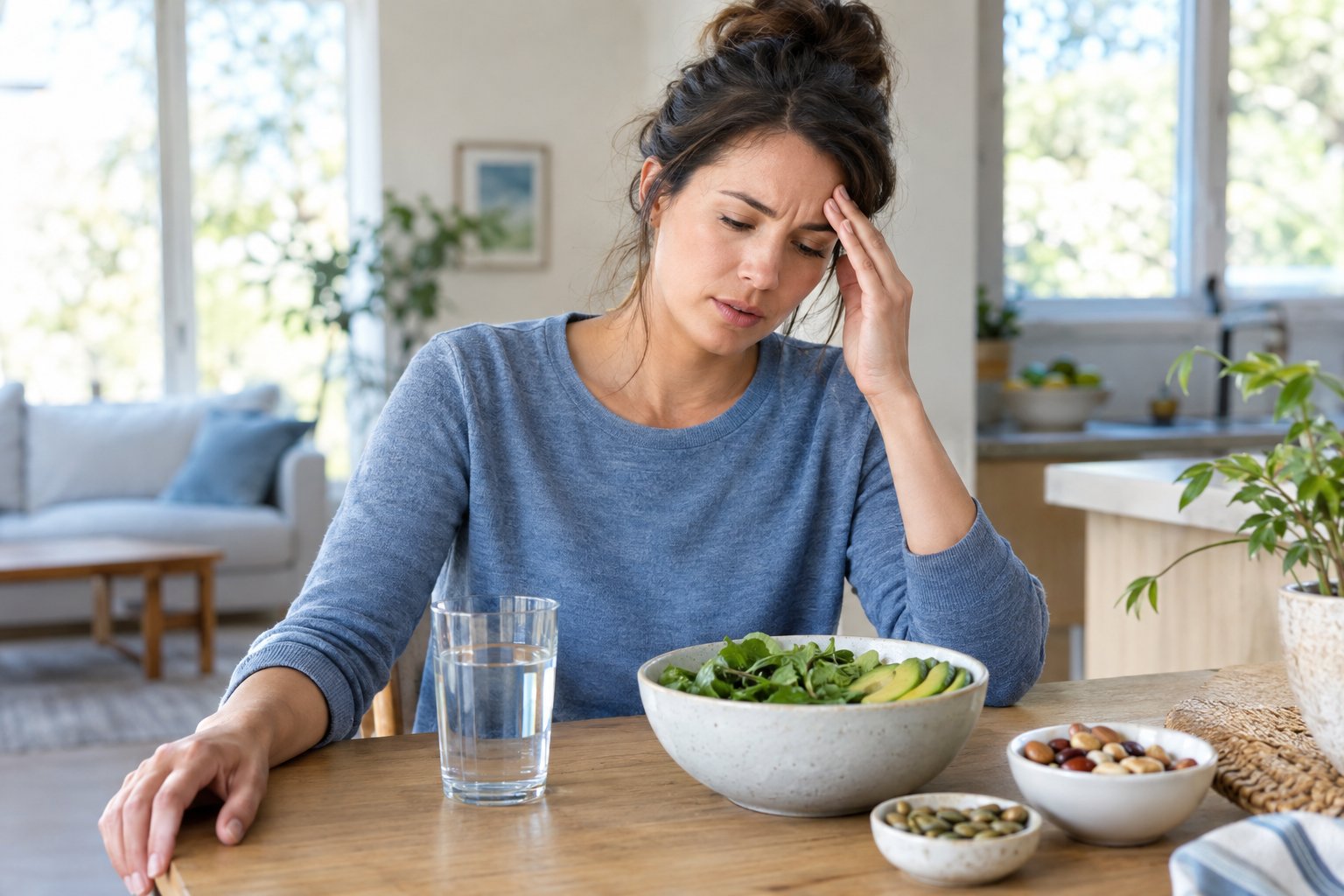 An adult experiencing dizziness while seated at a kitchen table with water and healthy foods nearby.