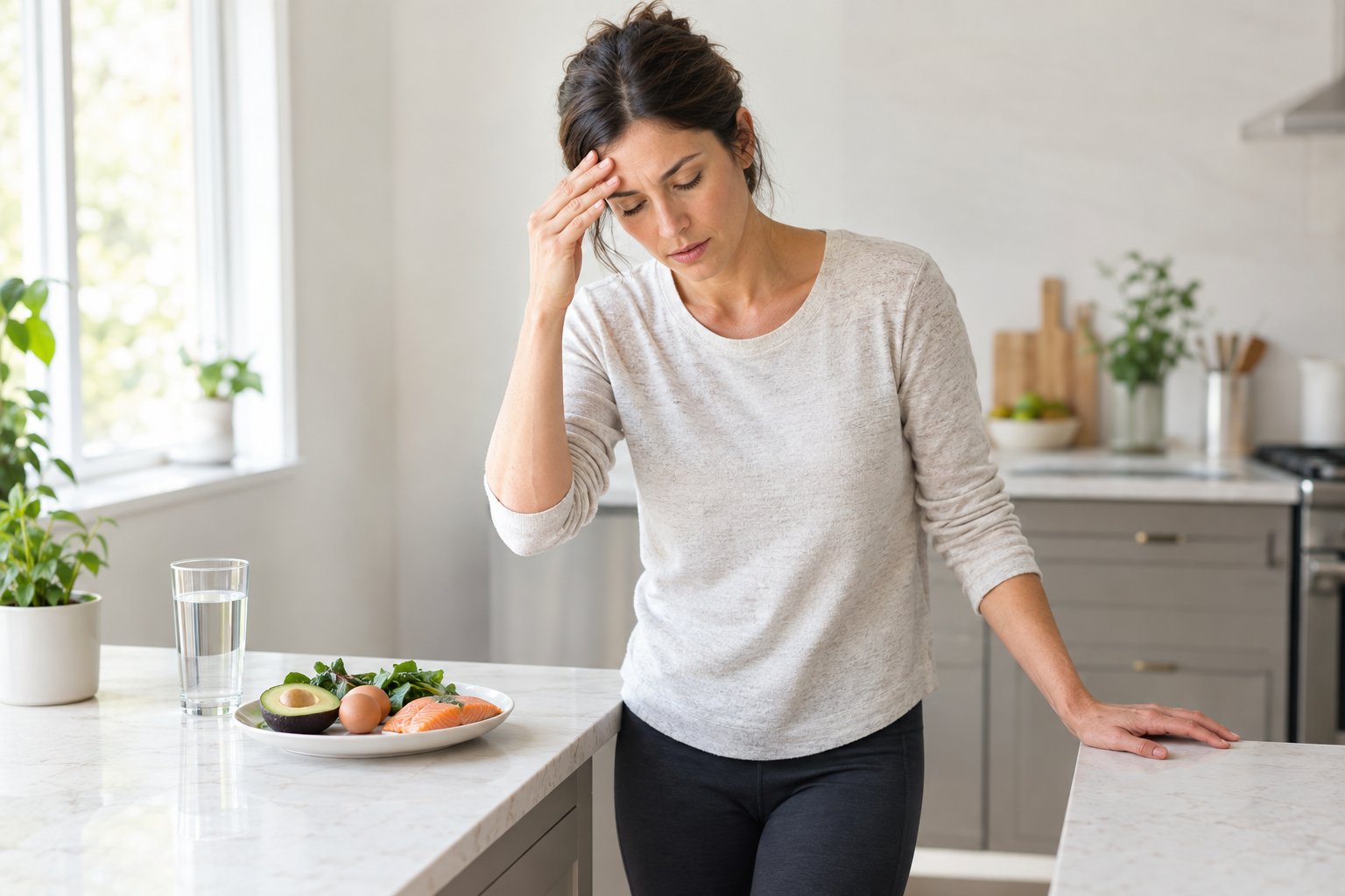 An adult steadies themselves on a kitchen counter while feeling lightheaded beside a keto-friendly meal.