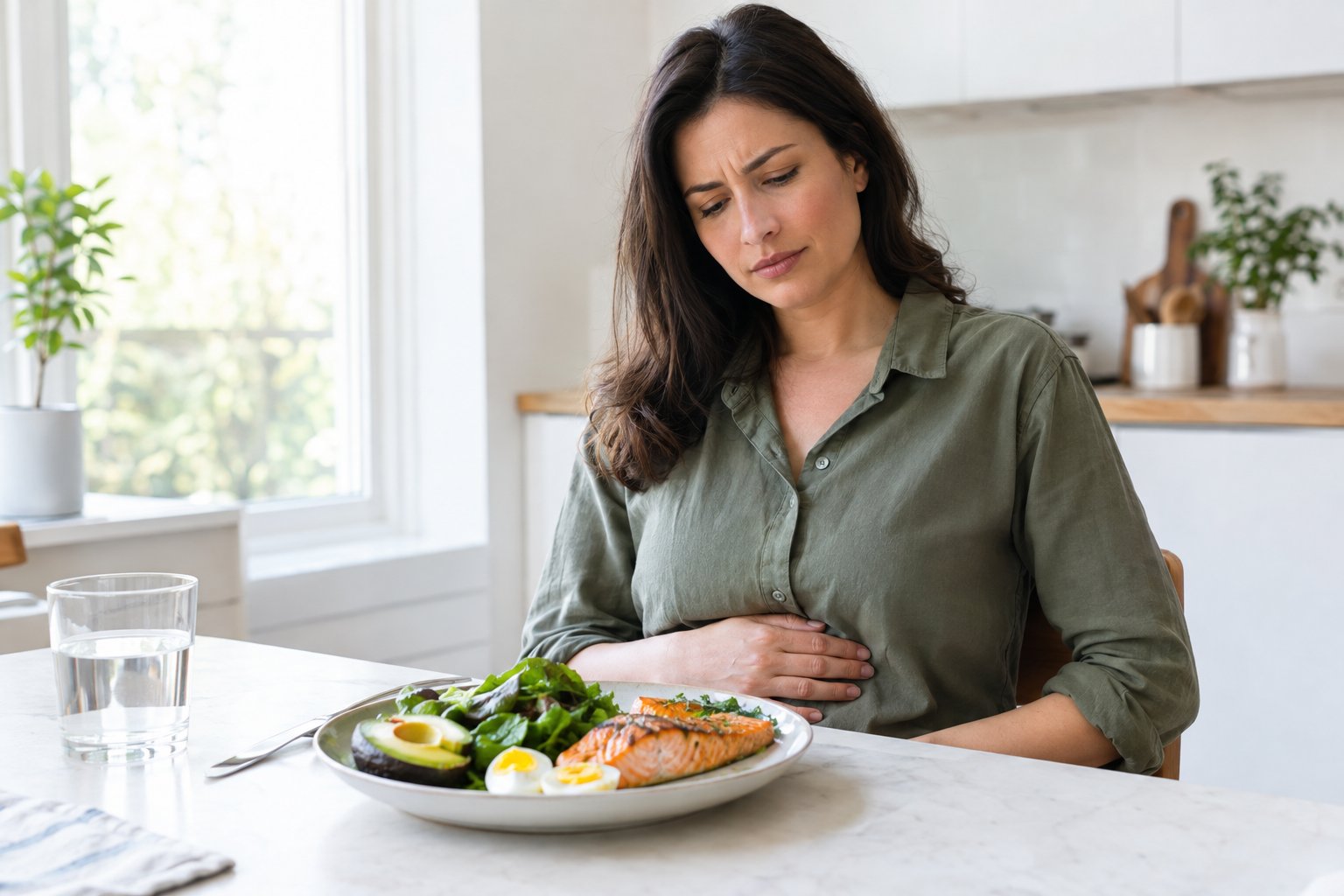 An adult sits at a kitchen table beside a keto-friendly meal, resting a hand on their abdomen feeling bloated on keto.