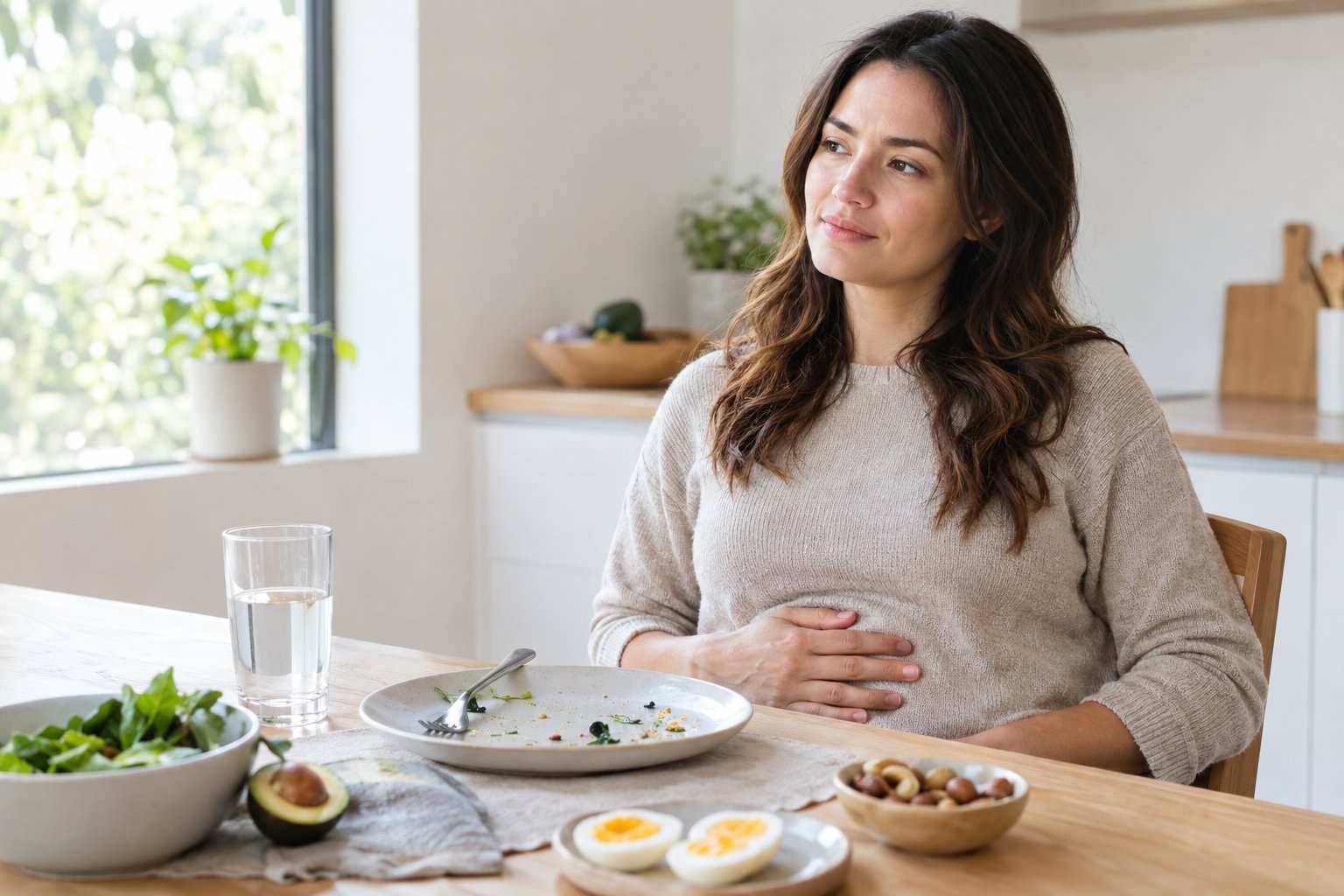 A person sits at a kitchen table after a meal, resting a hand on their abdomen beside keto-friendly foods.