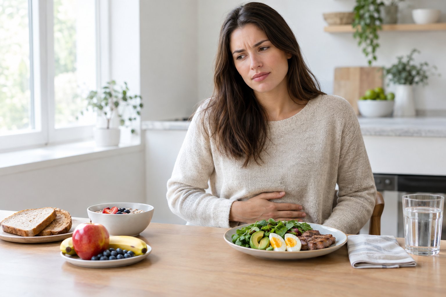 An adult sits at a kitchen table with a hand on their abdomen beside a keto meal and familiar carbohydrate-rich foods.