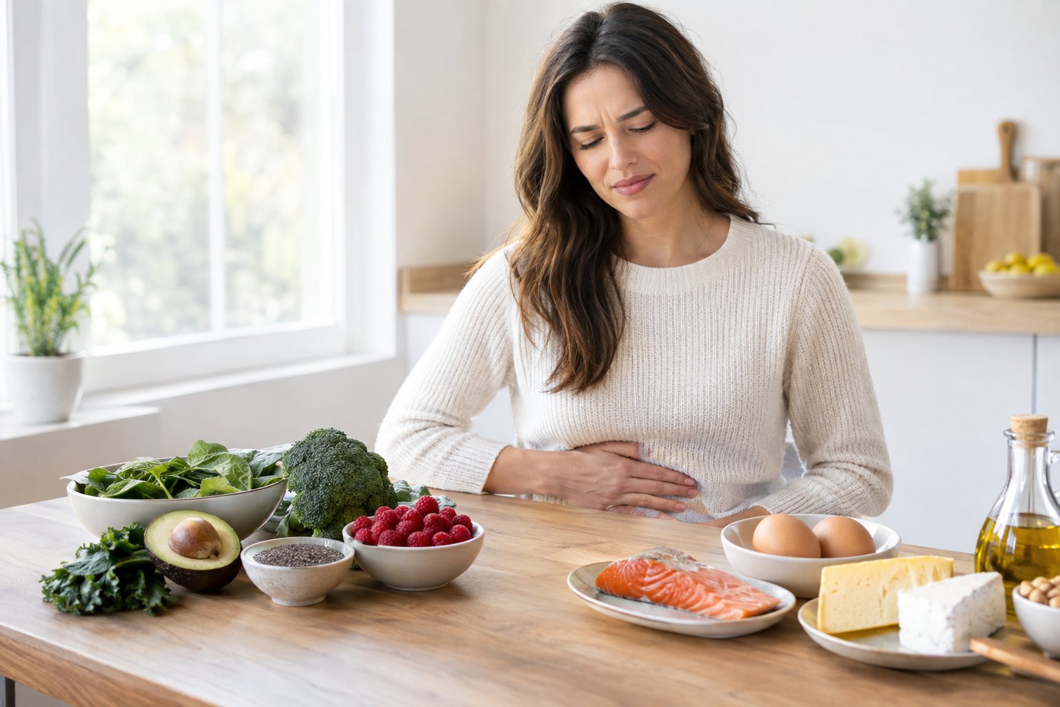 An adult sits at a kitchen table with one hand on their abdomen beside vegetables and keto foods.
