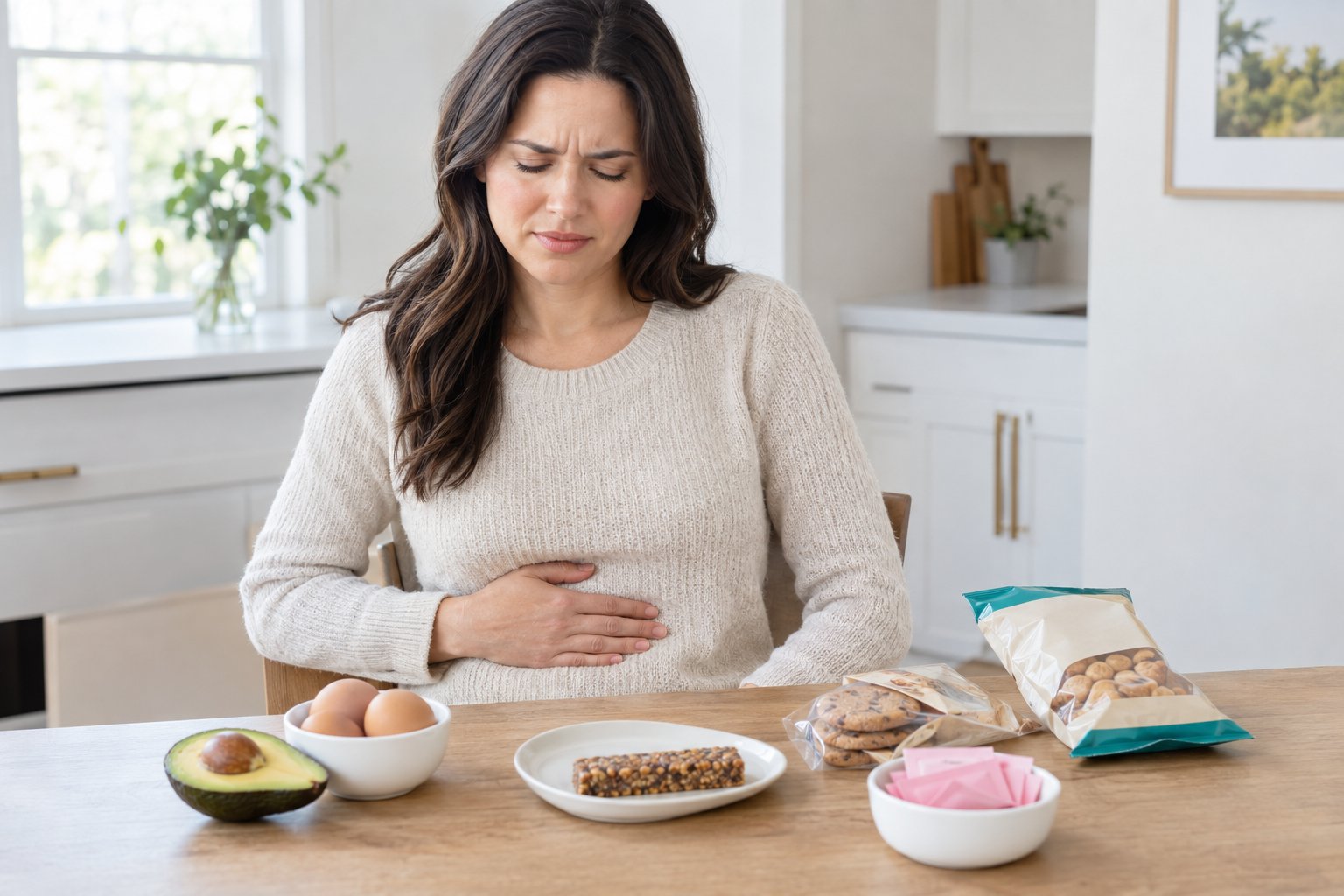An adult holds their abdomen while seated beside packaged low-carb snacks and whole foods.