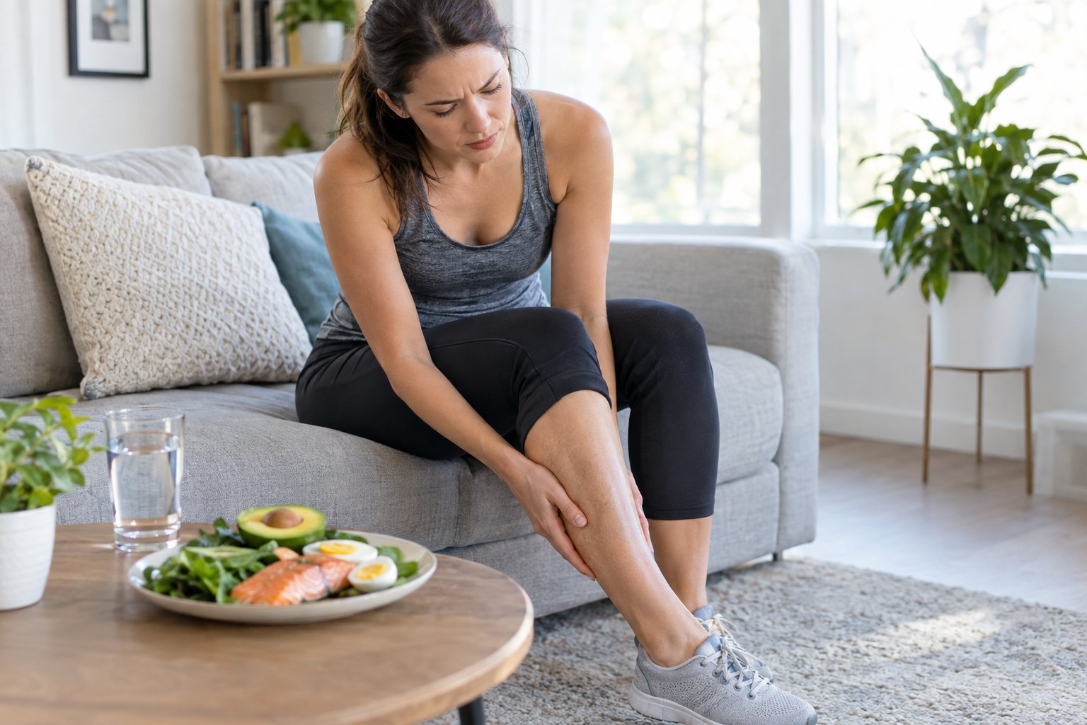 A person massages a cramped calf beside a glass of water and a low-carbohydrate meal.