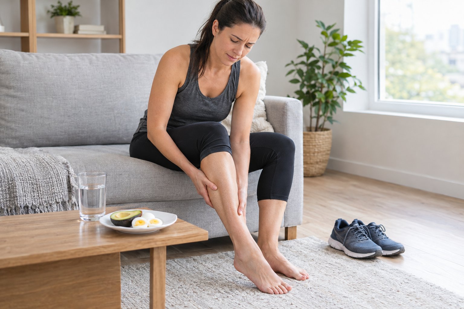 An adult massages a cramped calf while seated beside a glass of water and a plate of food.