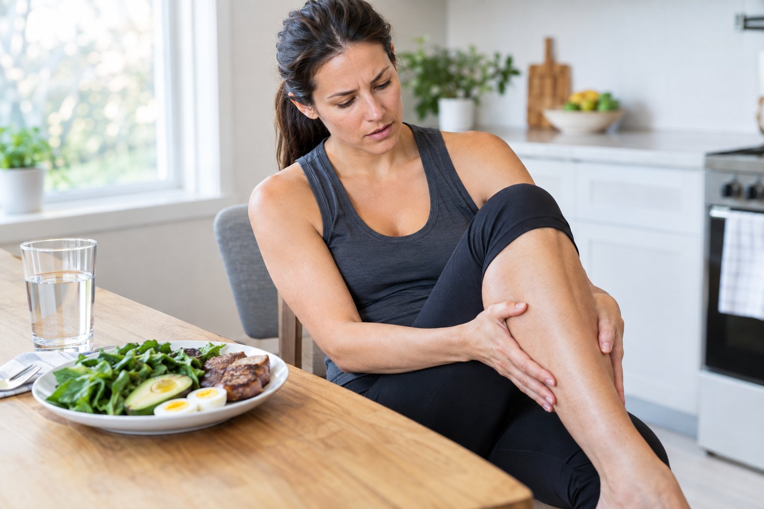 An adult at a kitchen table rubs their calf beside a keto-style meal and a glass of water.