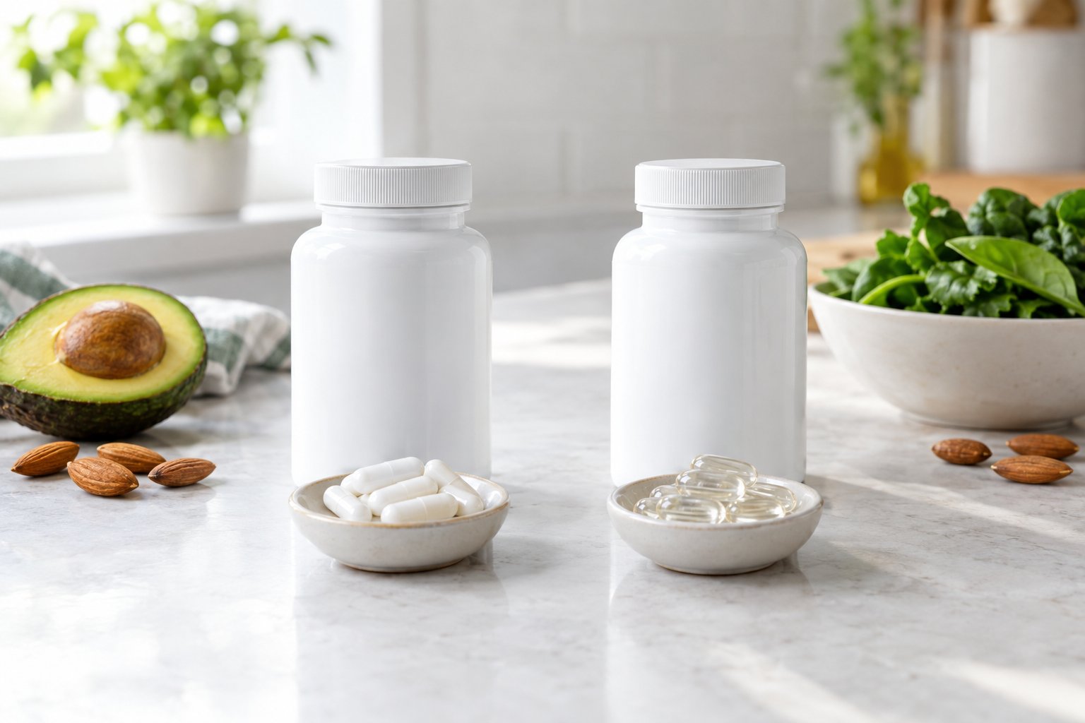 Two supplement containers and capsules beside avocado, almonds, and leafy greens on a kitchen counter.