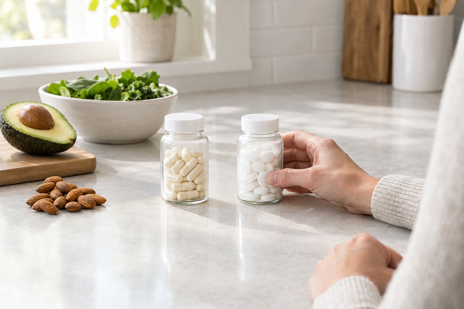 A hand compares two supplement containers beside avocado, almonds, and leafy greens.