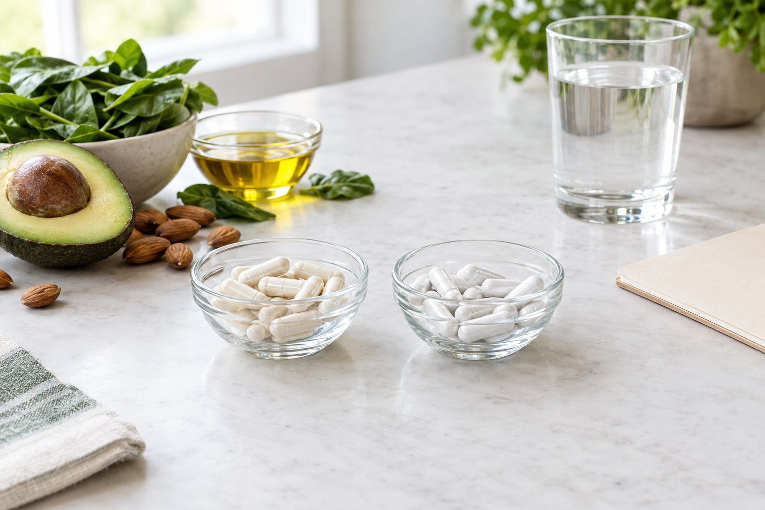 Two groups of supplement capsules sit beside avocado, almonds, leafy greens, and a glass of water.