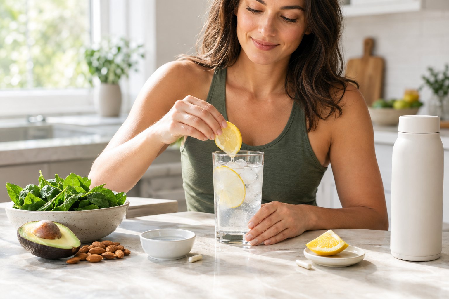 A person prepares a lemon water drink beside keto-friendly foods and two supplement capsules.