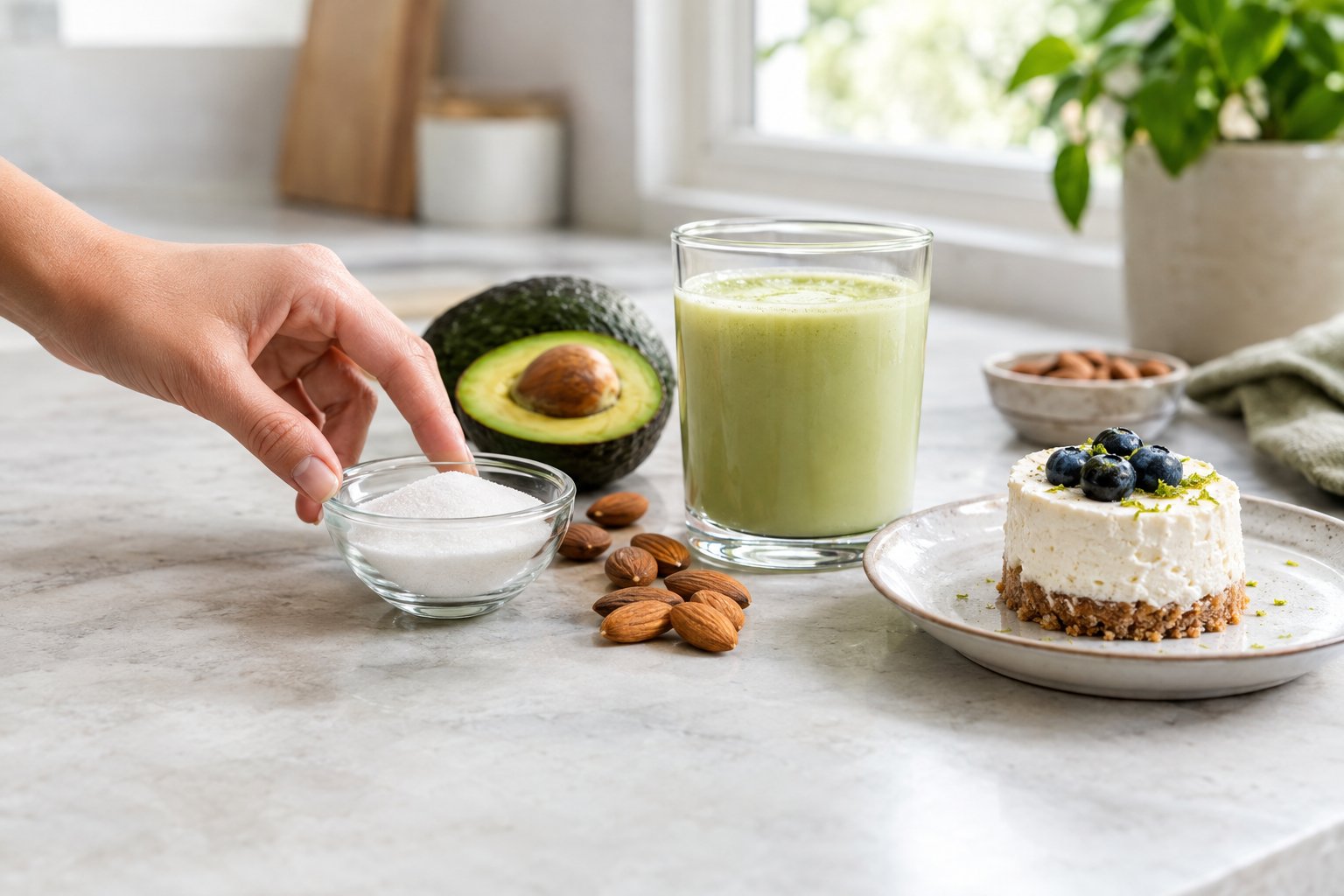 A bowl of sweetener beside a keto-friendly drink, almonds, avocado, and a low-carb dessert on a kitchen counter.