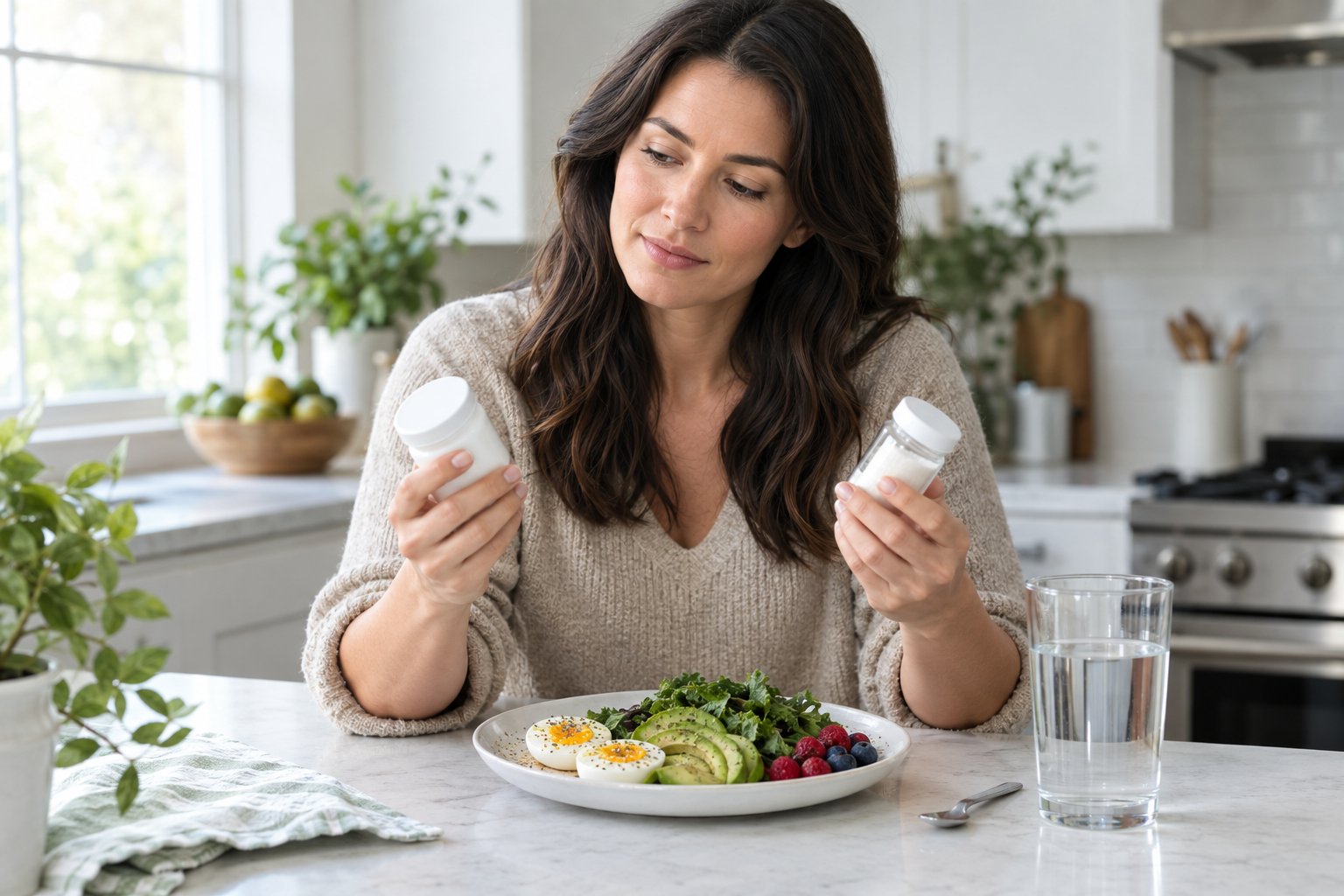 A person compares two sweetener products beside a keto-friendly meal.