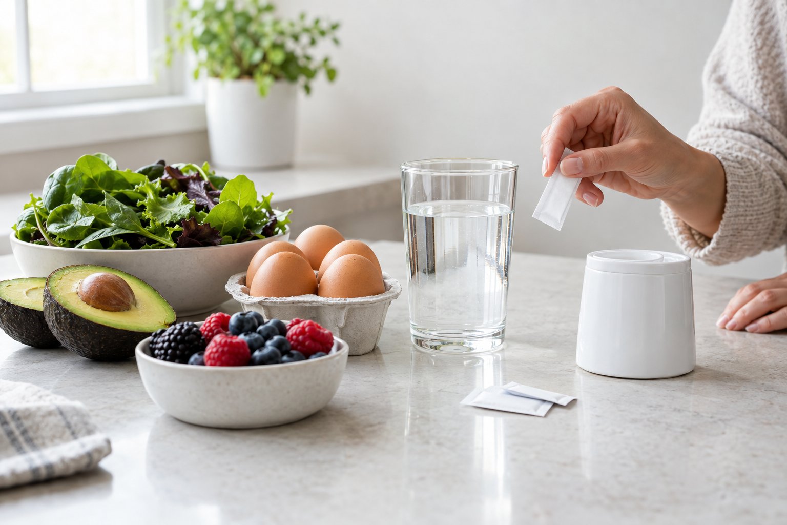 A hand considers a sweetener beside a drink and keto-friendly foods on a kitchen counter.