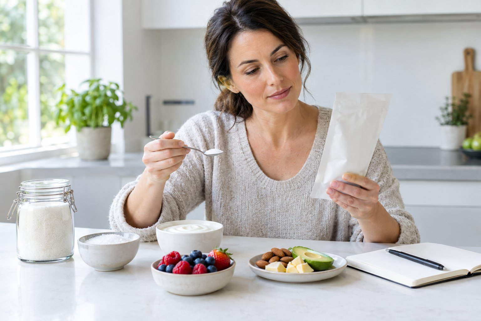 An adult examines a sweetener beside yogurt, berries, and other low-carb foods on a kitchen counter.