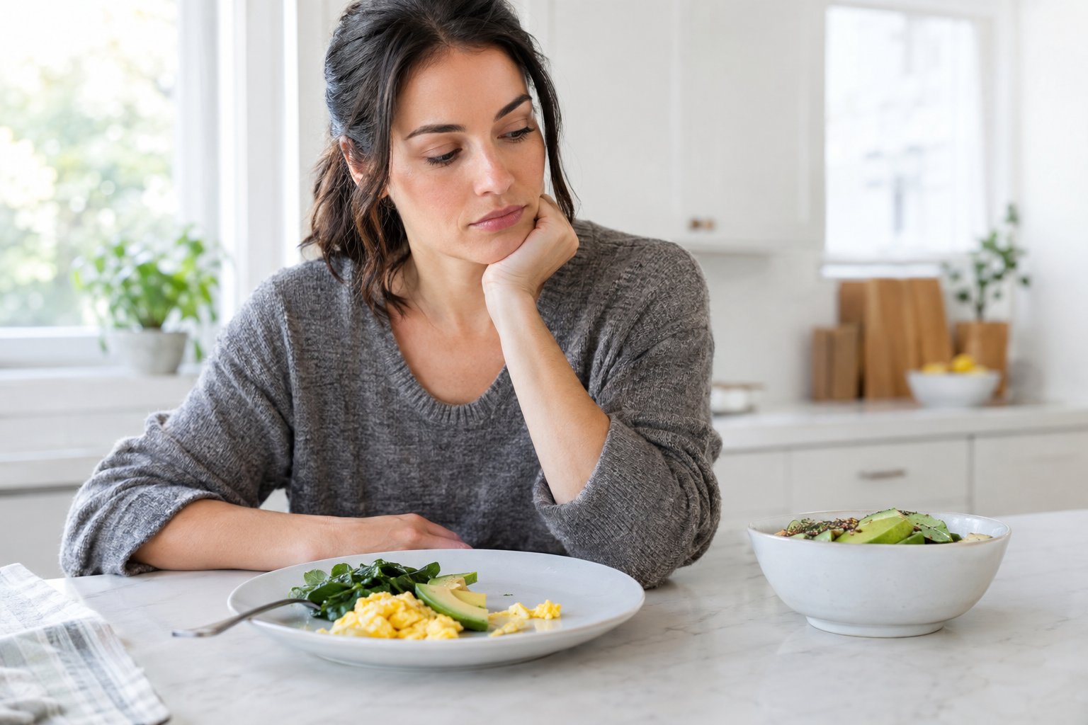An adult at a kitchen table looks unsatisfied after eating a small meal of eggs, avocado, and greens.
