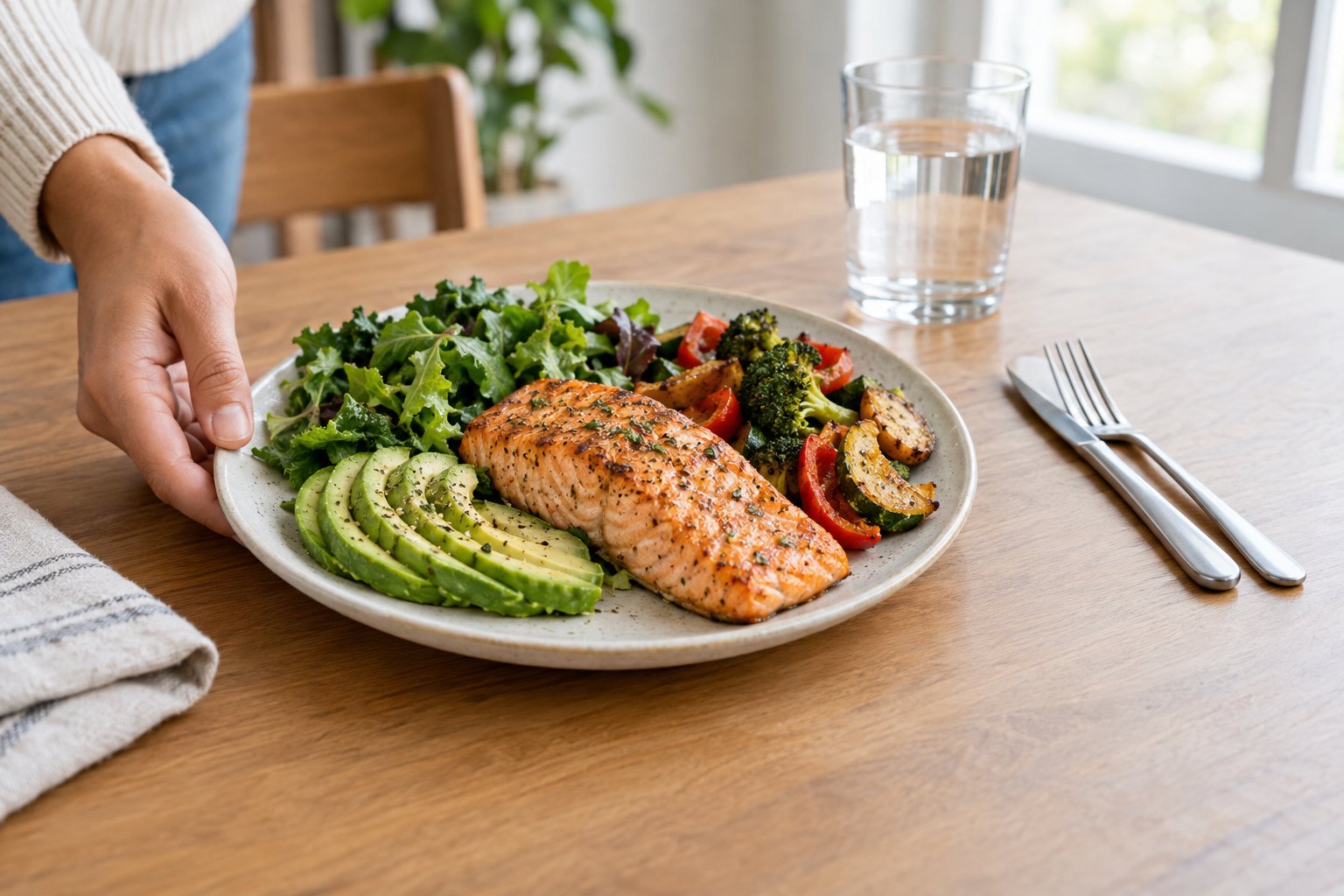 A grilled salmon dinner with avocado, leafy greens, and roasted vegetables on a plate.