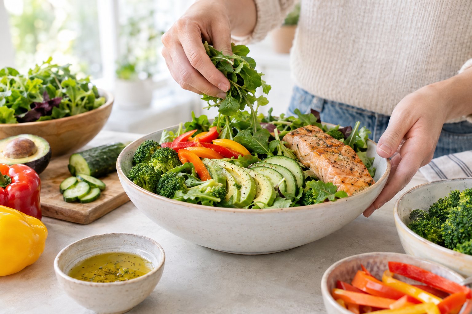 A person adds fresh vegetables to a generous bowl with greens, avocado, broccoli, and grilled salmon.