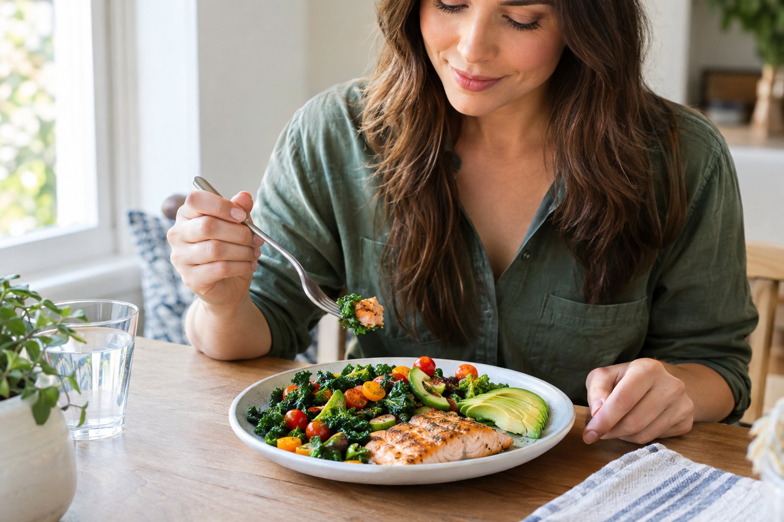 An adult sits at a table with a balanced meal of grilled fish, vegetables, and a modest amount of avocado.
