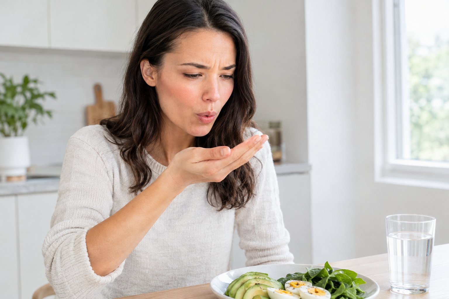An adult in a kitchen checks their keto breath while standing near a plate of keto-friendly foods.