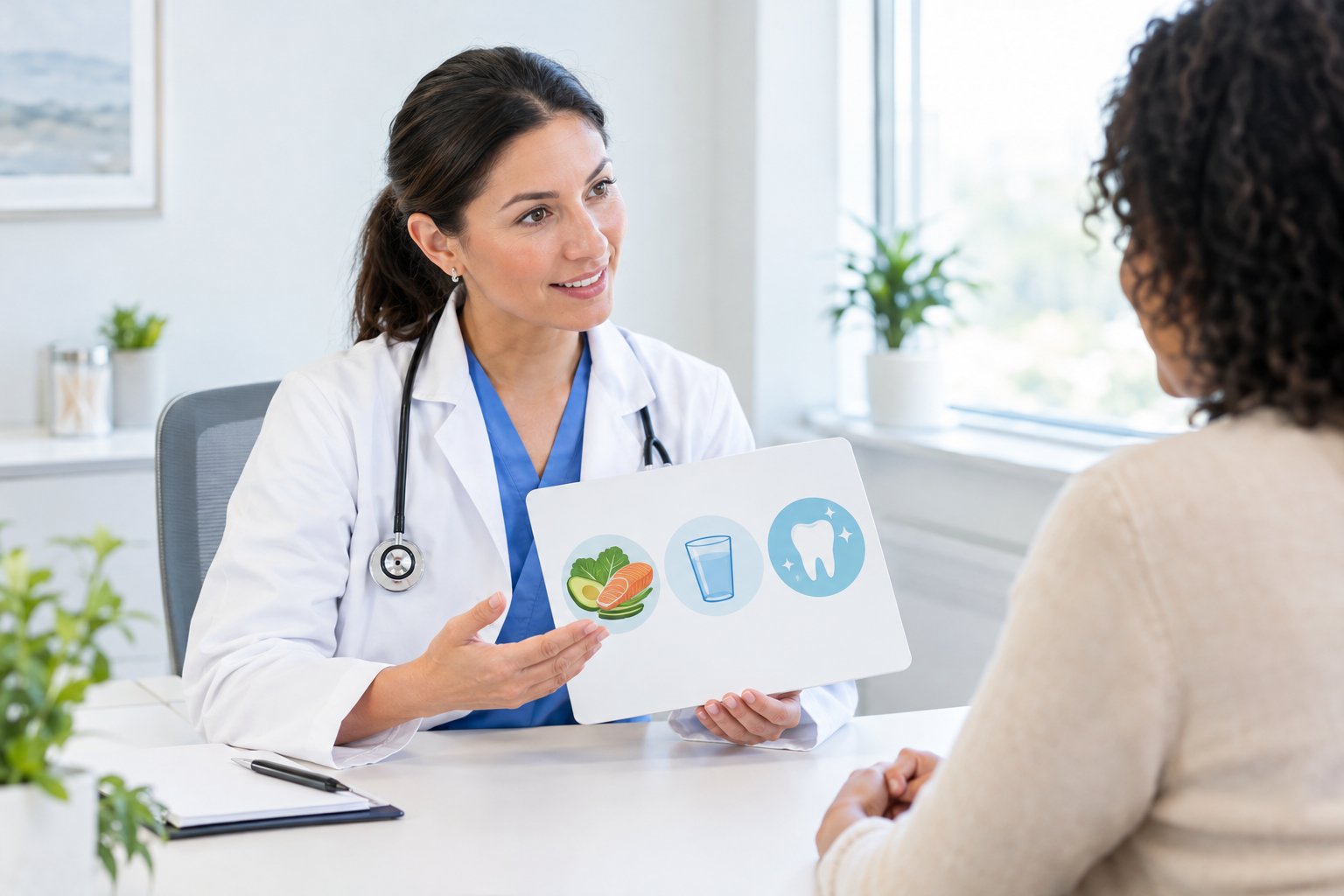 A clinician speaks with a patient during a healthcare consultation.