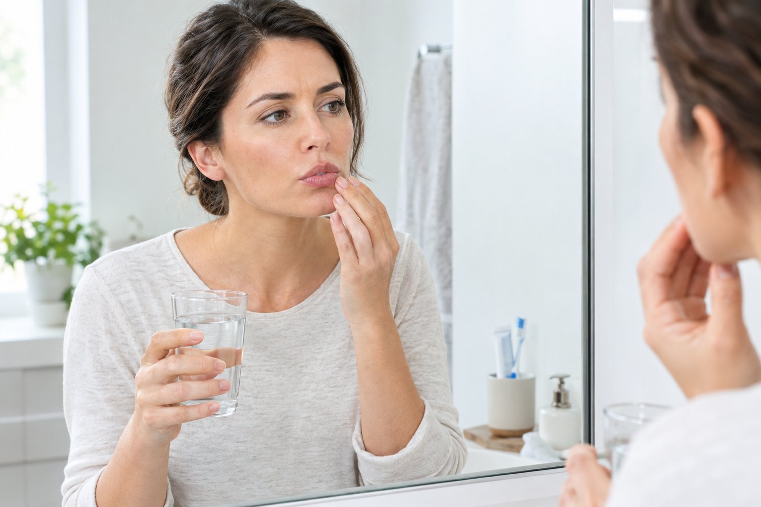 A woman checks her mouth in a bathroom mirror while holding a glass of water.