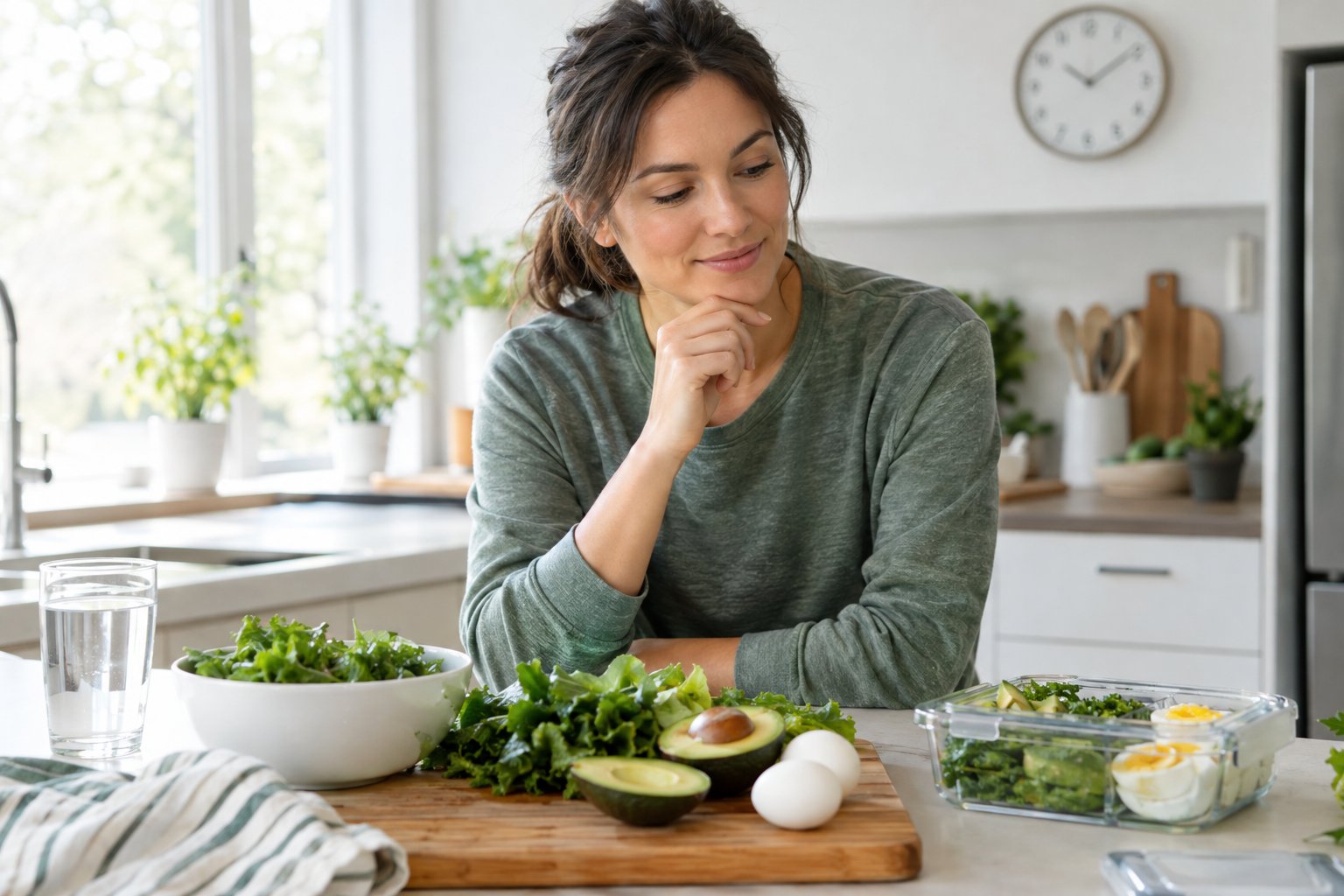 An adult prepares a low-carbohydrate meal in a bright kitchen.
