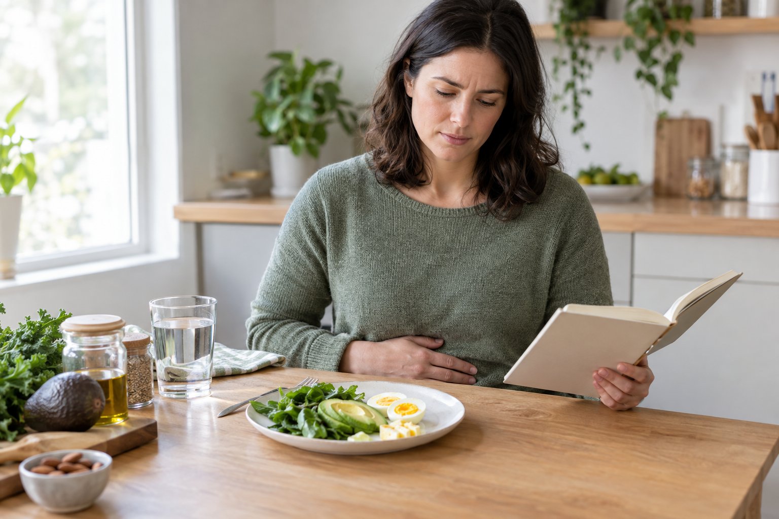 An adult considers a keto meal while sitting at a kitchen table.