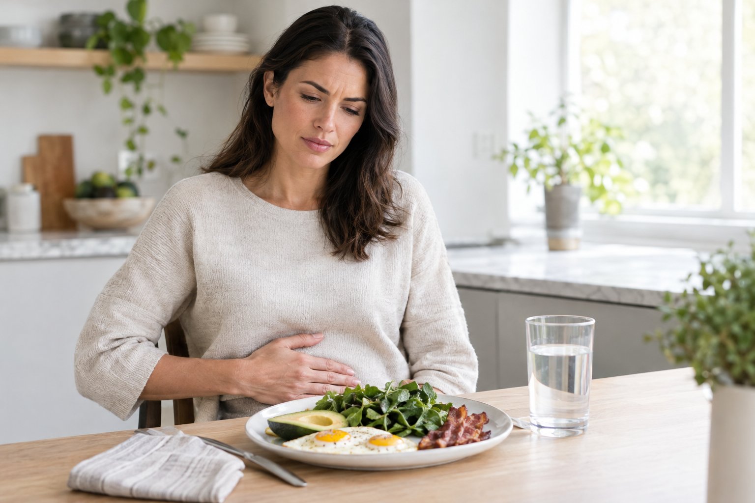 An adult considers a keto meal while resting a hand on their abdomen.