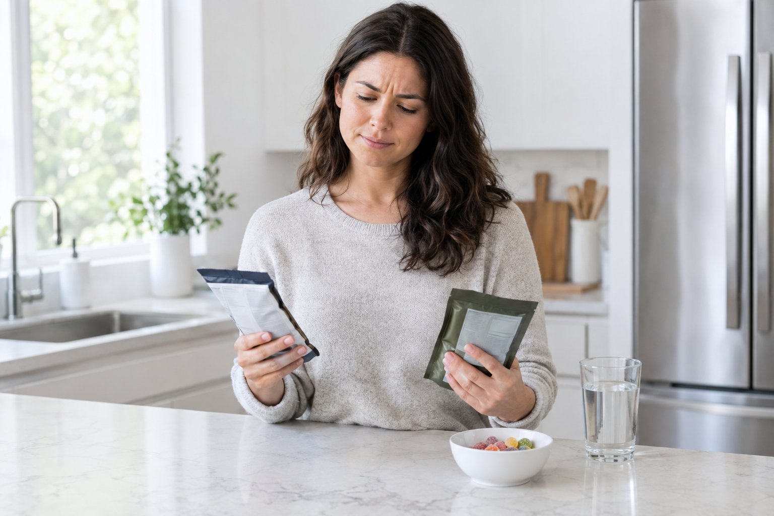 An adult examines packaged low-carb snacks at a kitchen counter while appearing mildly uncomfortable.