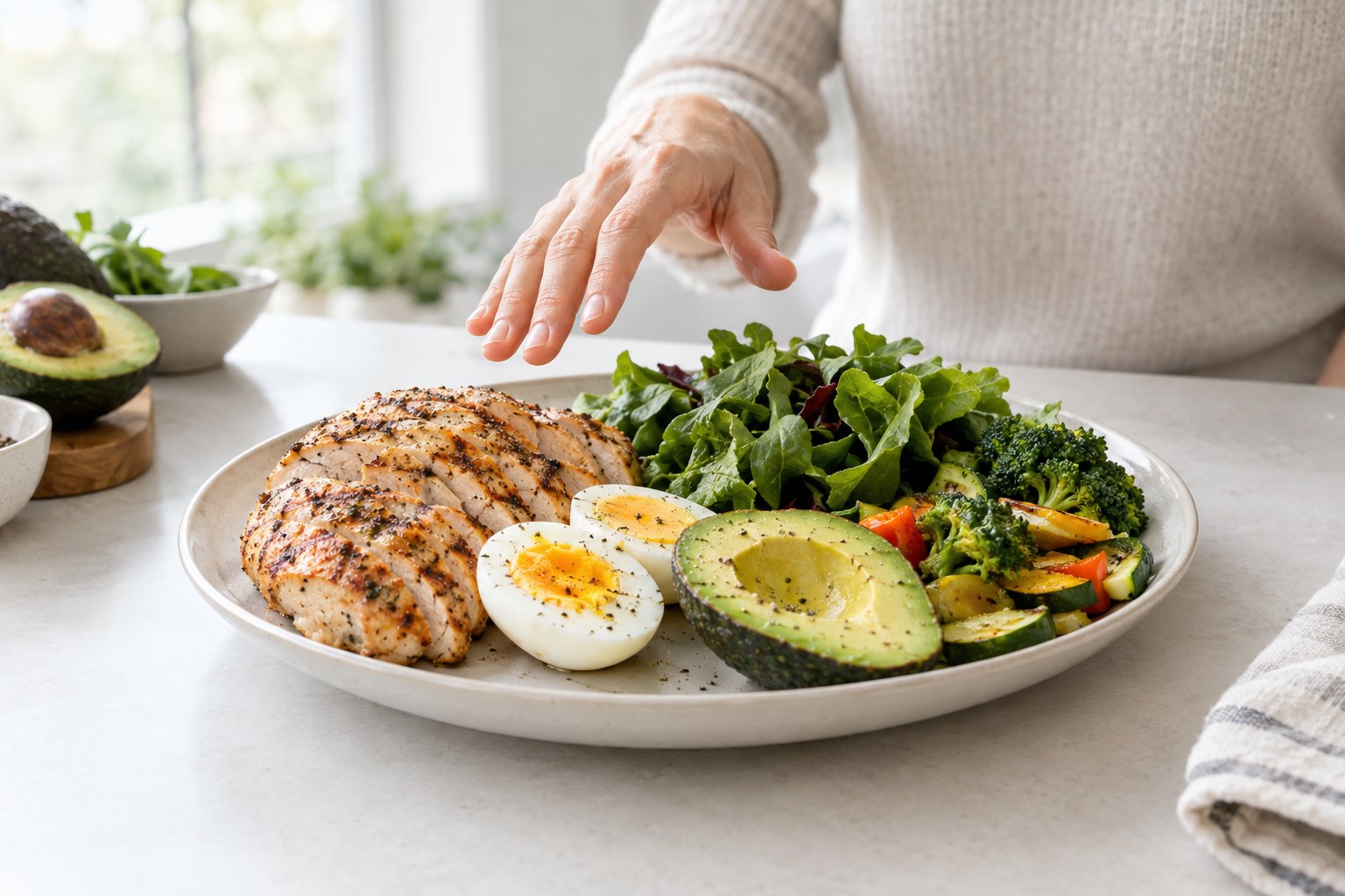 A person considers a meal of grilled chicken, eggs, avocado, and leafy greens.