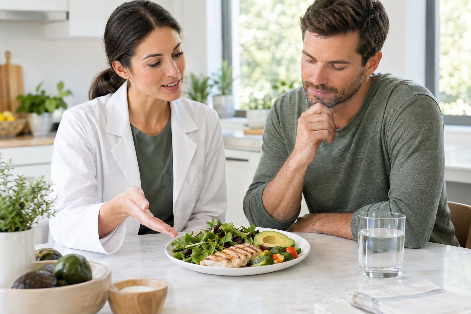 A nutritionist and client discuss a keto meal with grilled chicken, avocado, and vegetables.