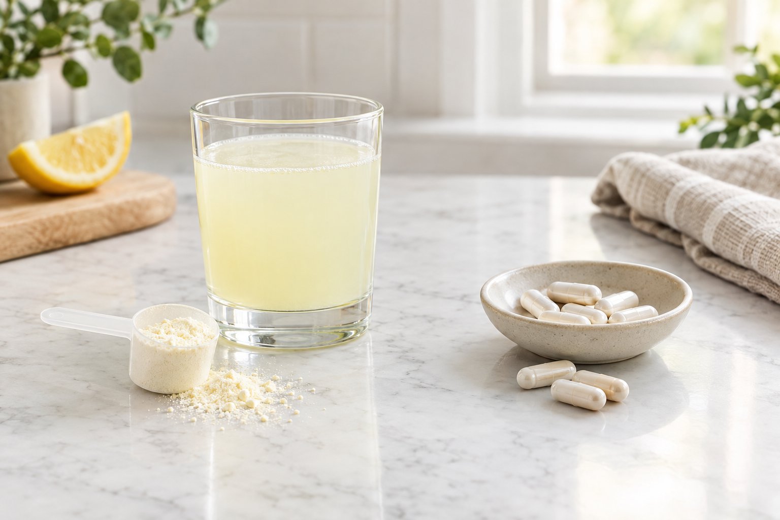 A glass of electrolyte drink and powder scoop beside several capsules on a kitchen counter.