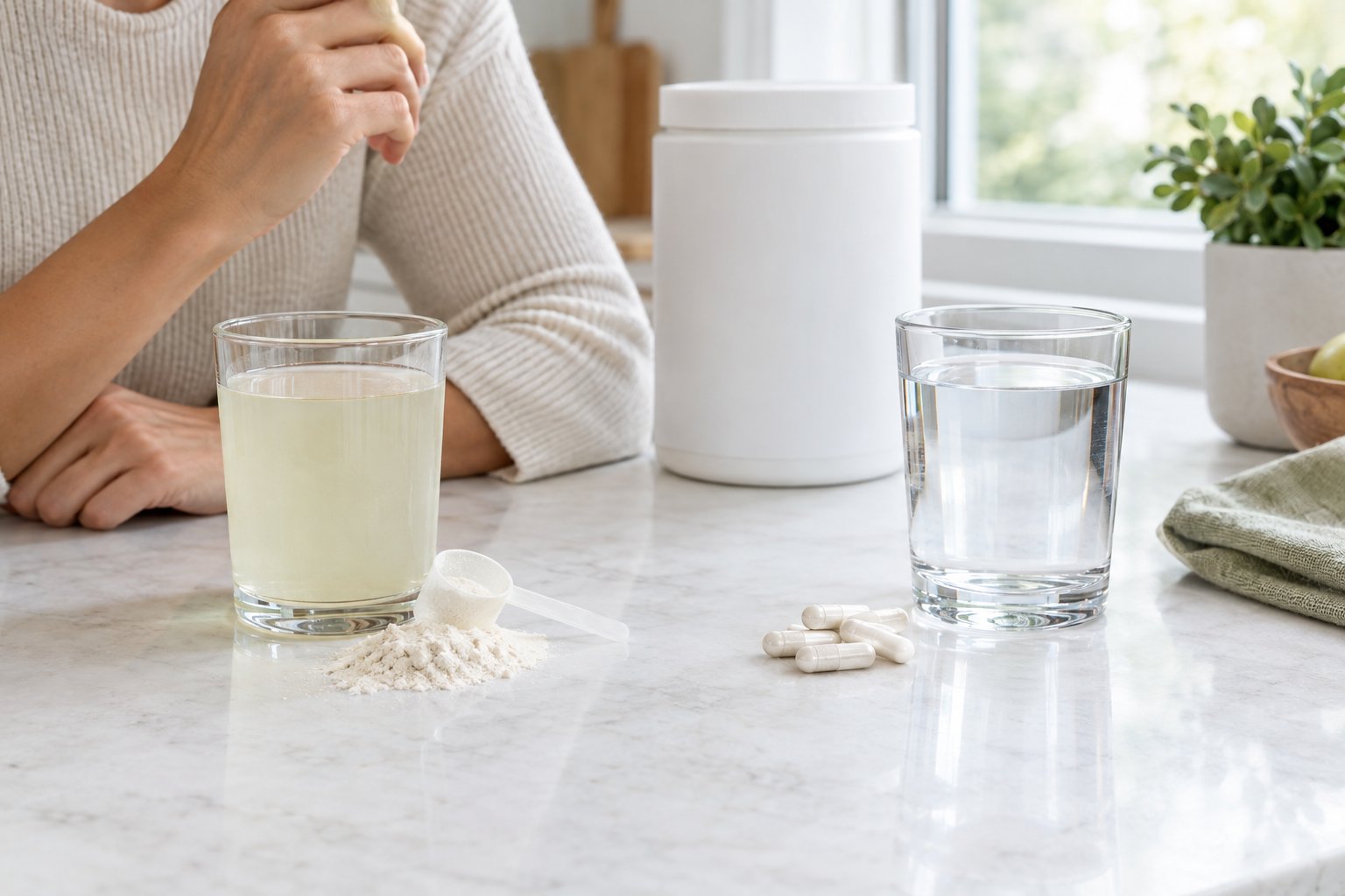 A glass of electrolyte drink and capsules arranged side by side on a kitchen counter.