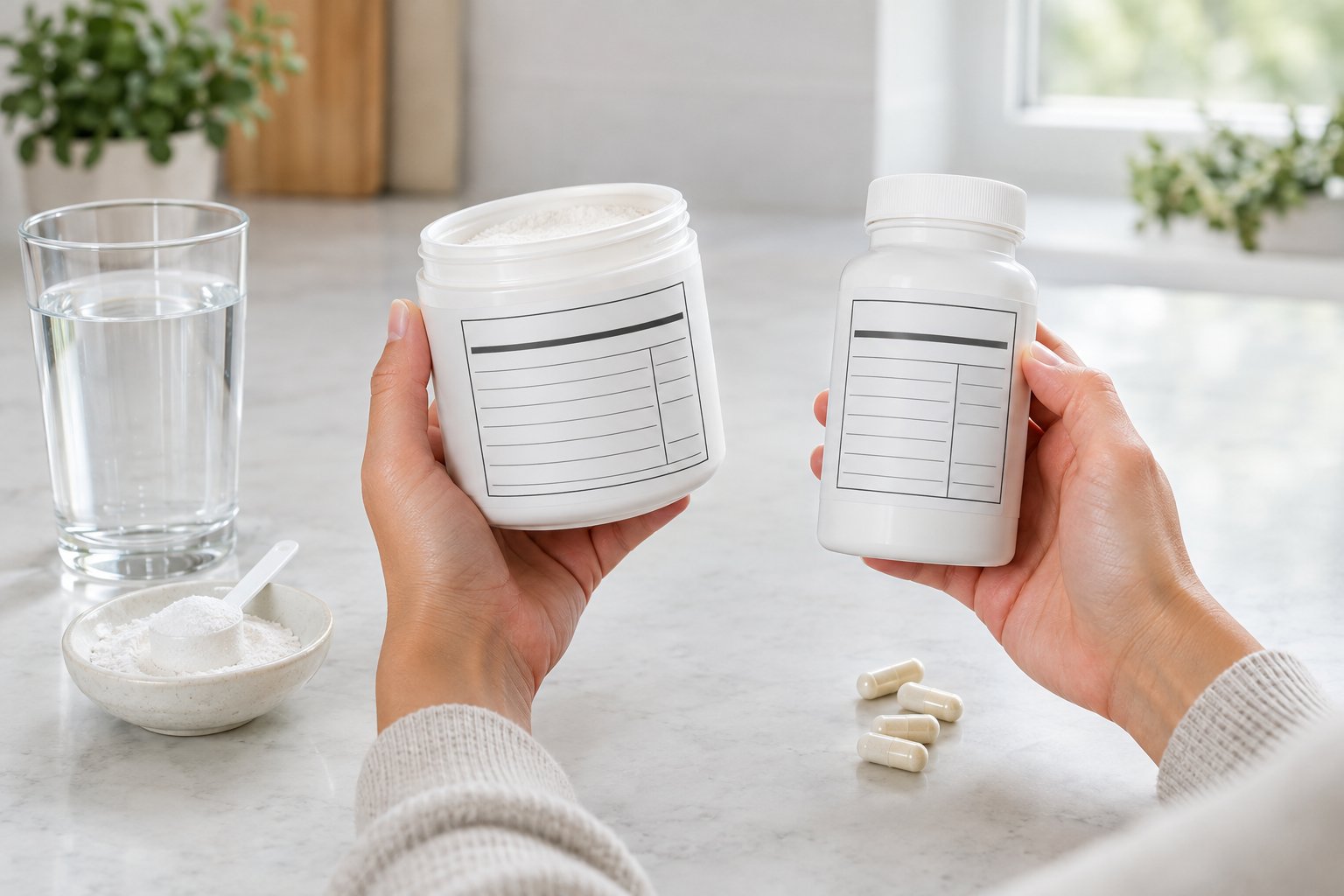 A jar of electrolyte powder and a bottle of capsules sit beside a glass of water on a kitchen counter.