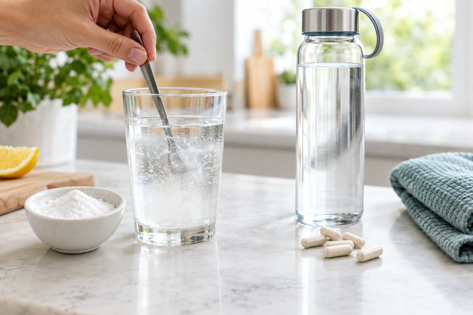 A glass of water being stirred beside electrolyte powder, capsules, and a water bottle.