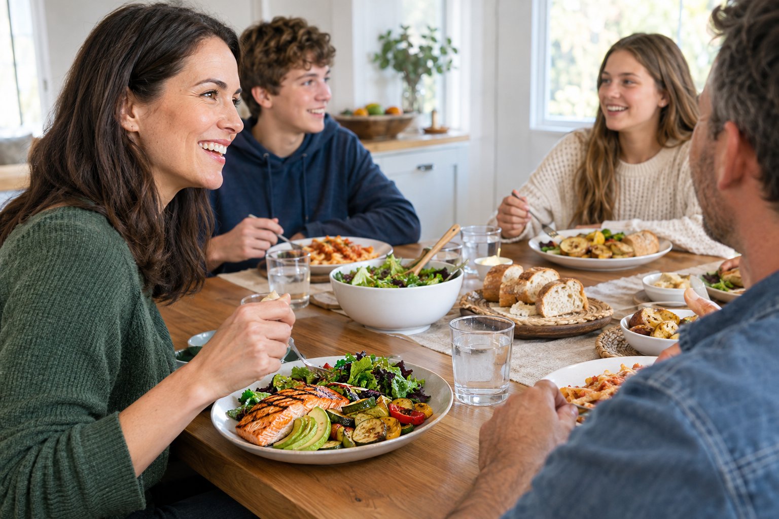 A family shares dinner, with one person eating a keto-friendly meal.