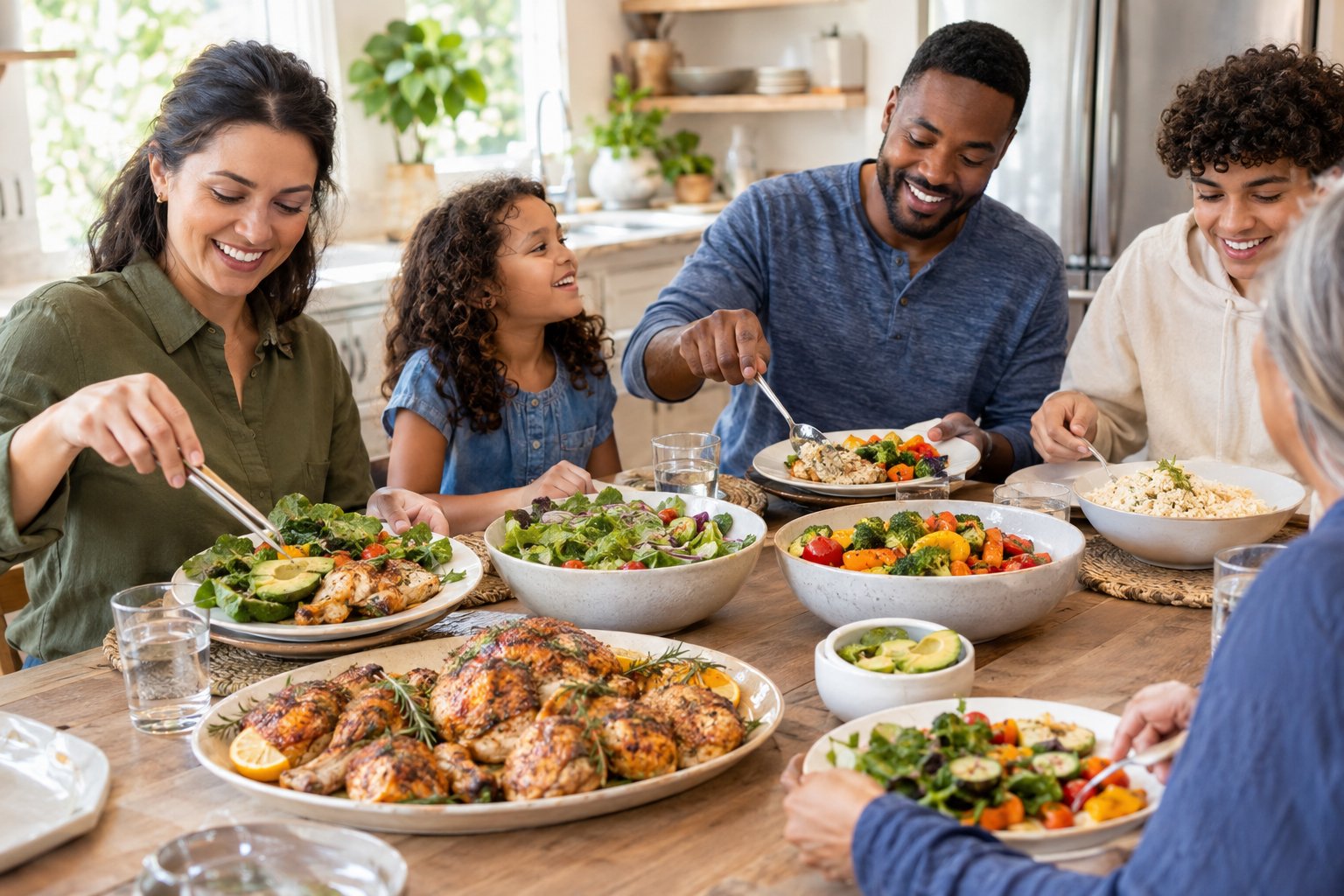 A family shares a meal with chicken, vegetables, and separate servings of rice or potatoes.